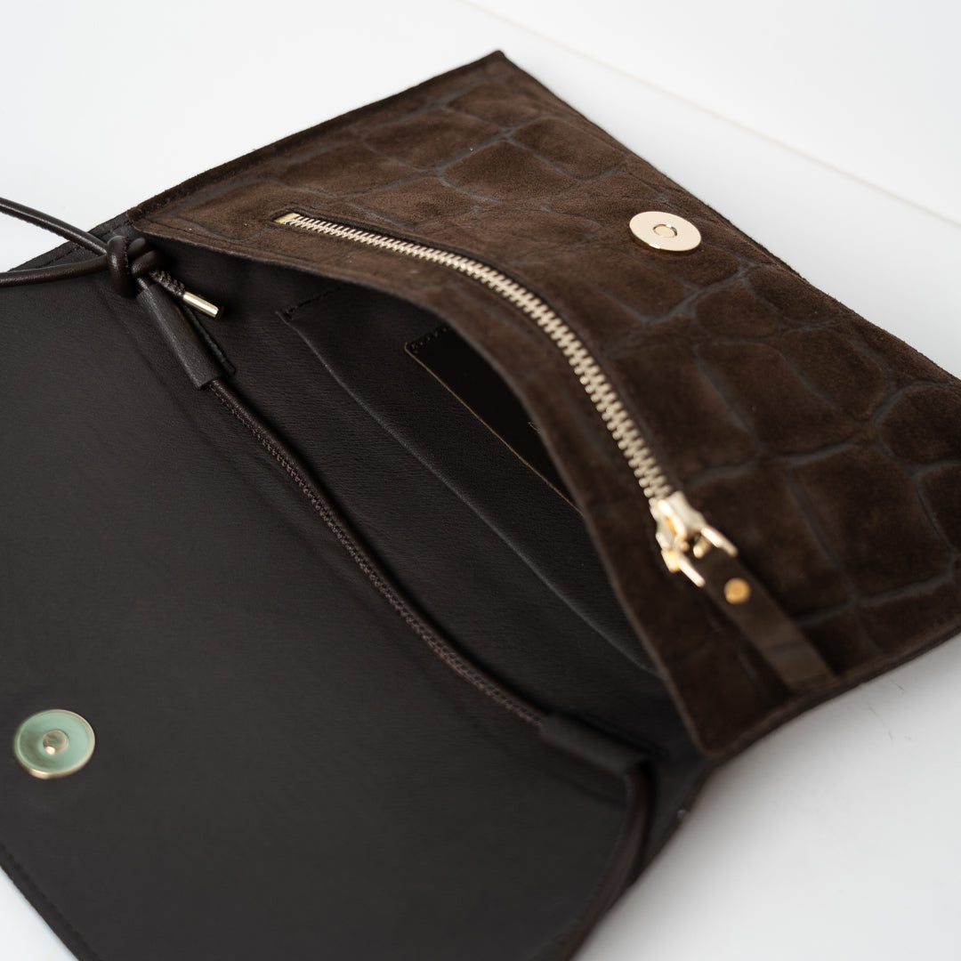 Thin Clutch - Suede Croco Print Mocha