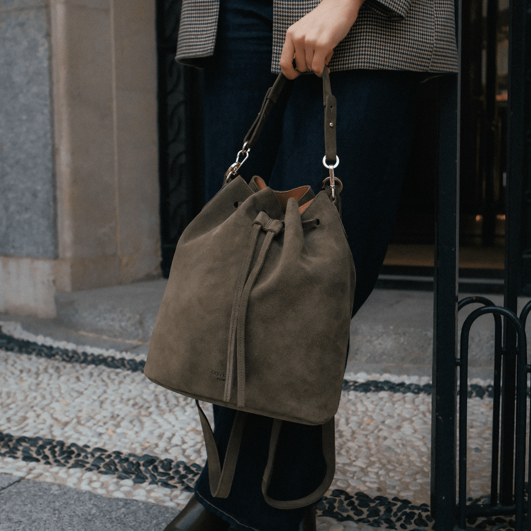 Convertible Saku Bucket Bag - Suede Olive - ann kurz