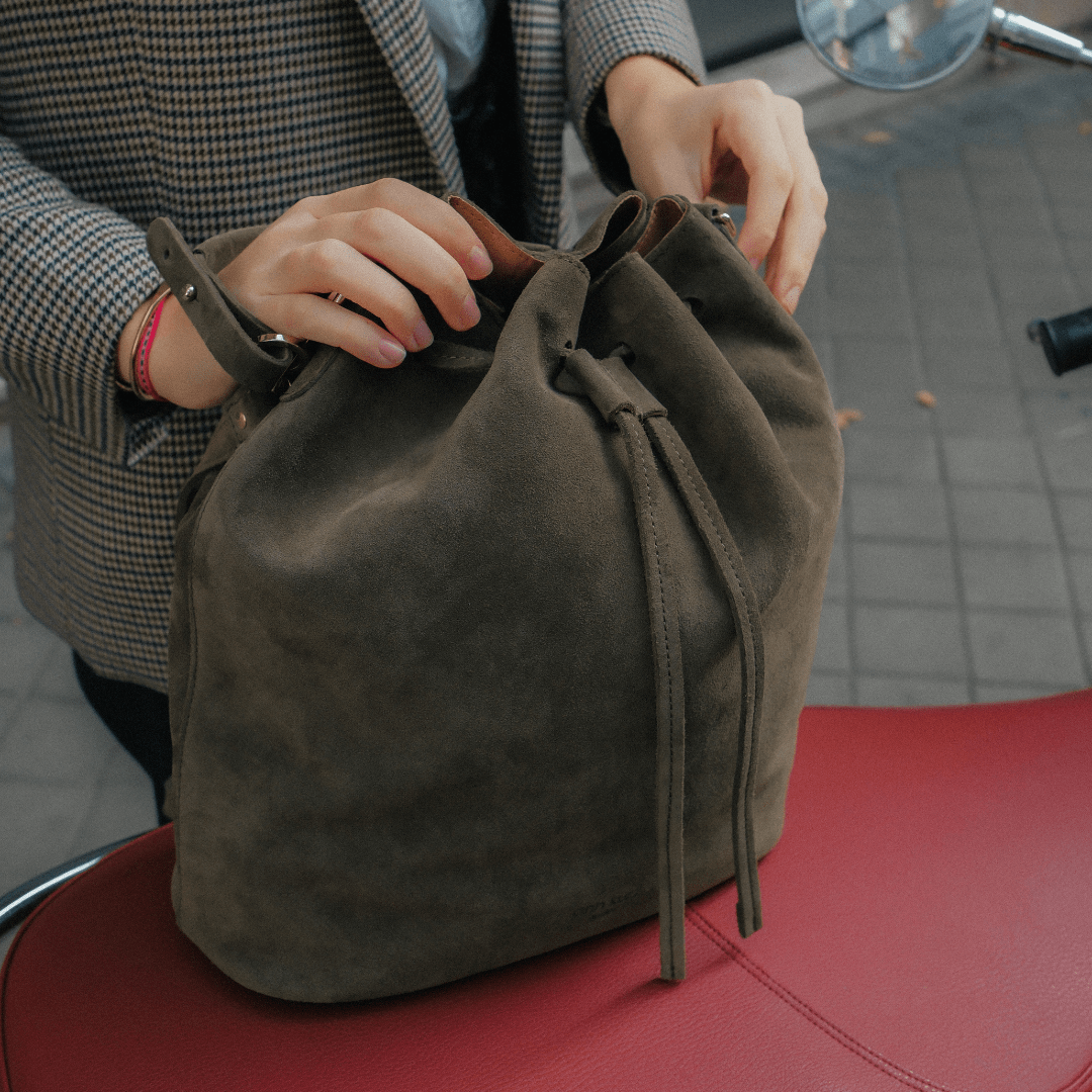 Convertible Saku Bucket Bag - Suede Olive - ann kurz