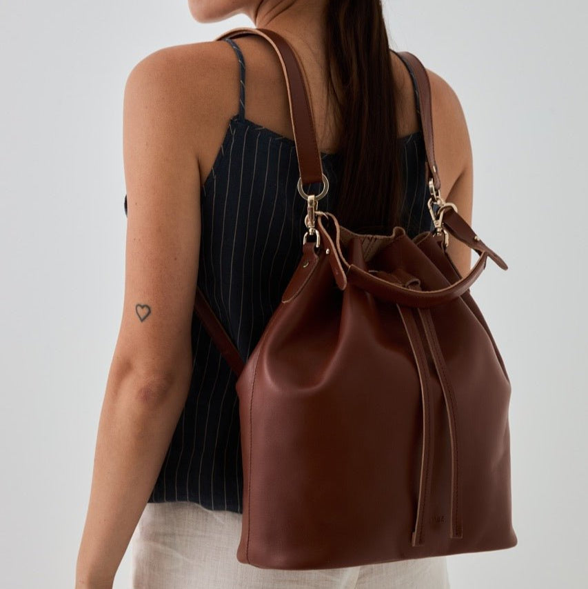 Convertible Saku Bucket Bag - Vegetable Tanned Dark Brown - ann kurz
