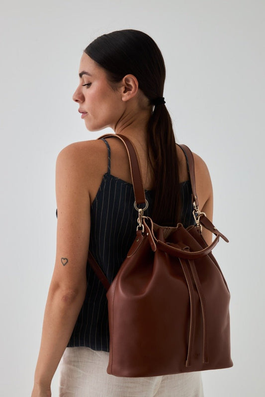 Convertible Saku Bucket Bag - Vegetable Tanned Dark Brown - ann kurz