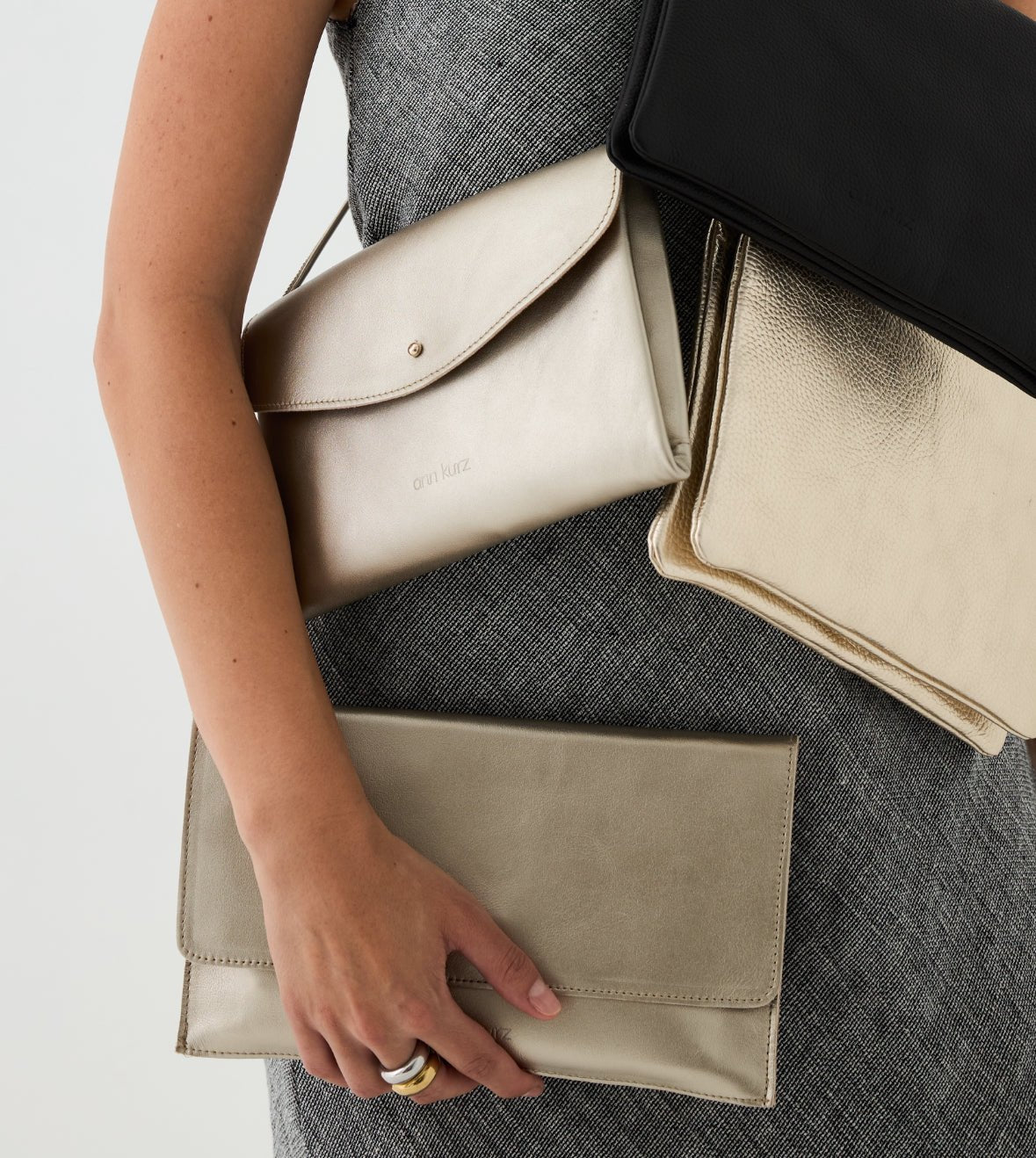 Fold Over Double - Compartment Shoulder Bag - Metallic Champagne - ann kurz