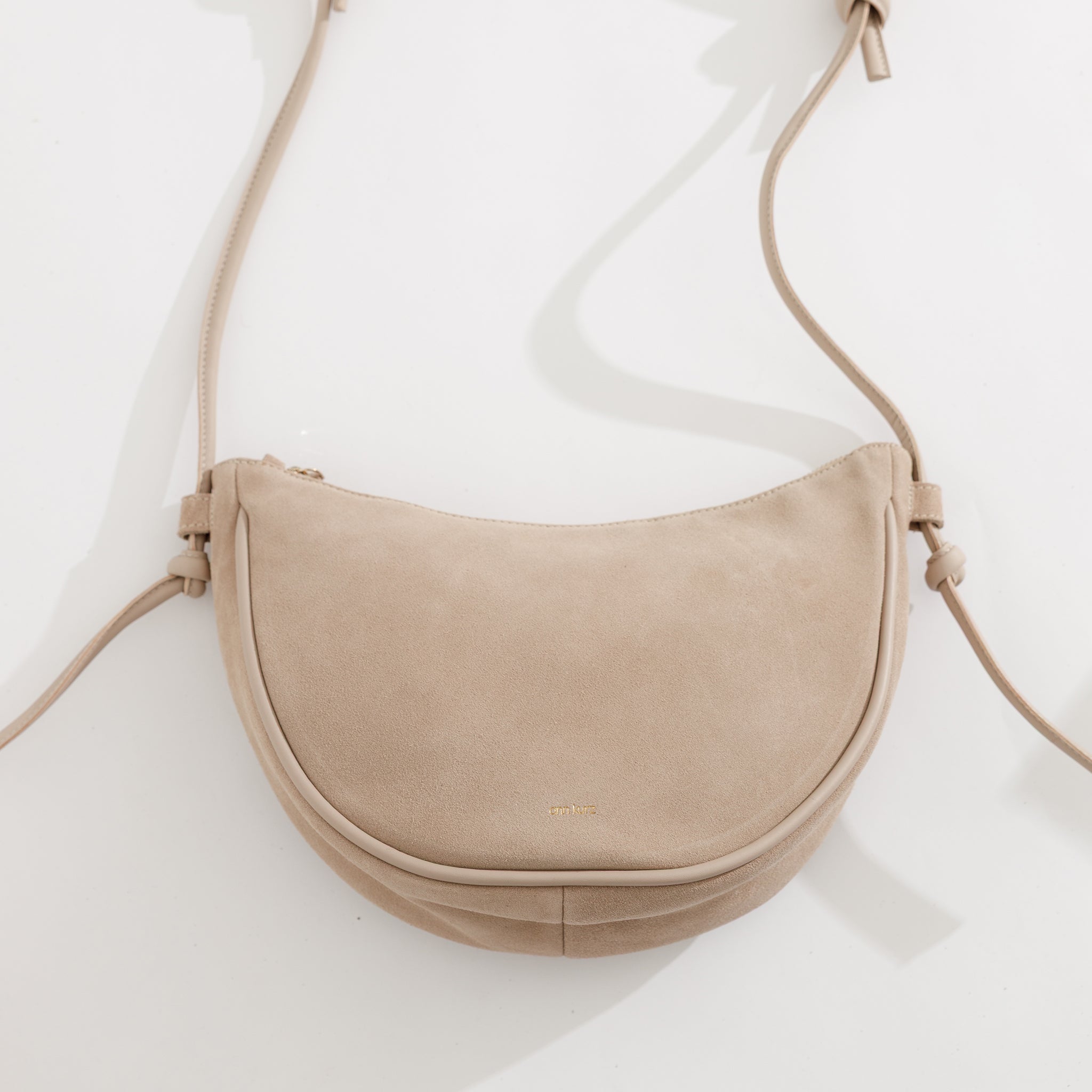 Half Moon Shoulder Bag with Knots - Suede Caramelo - ann kurz