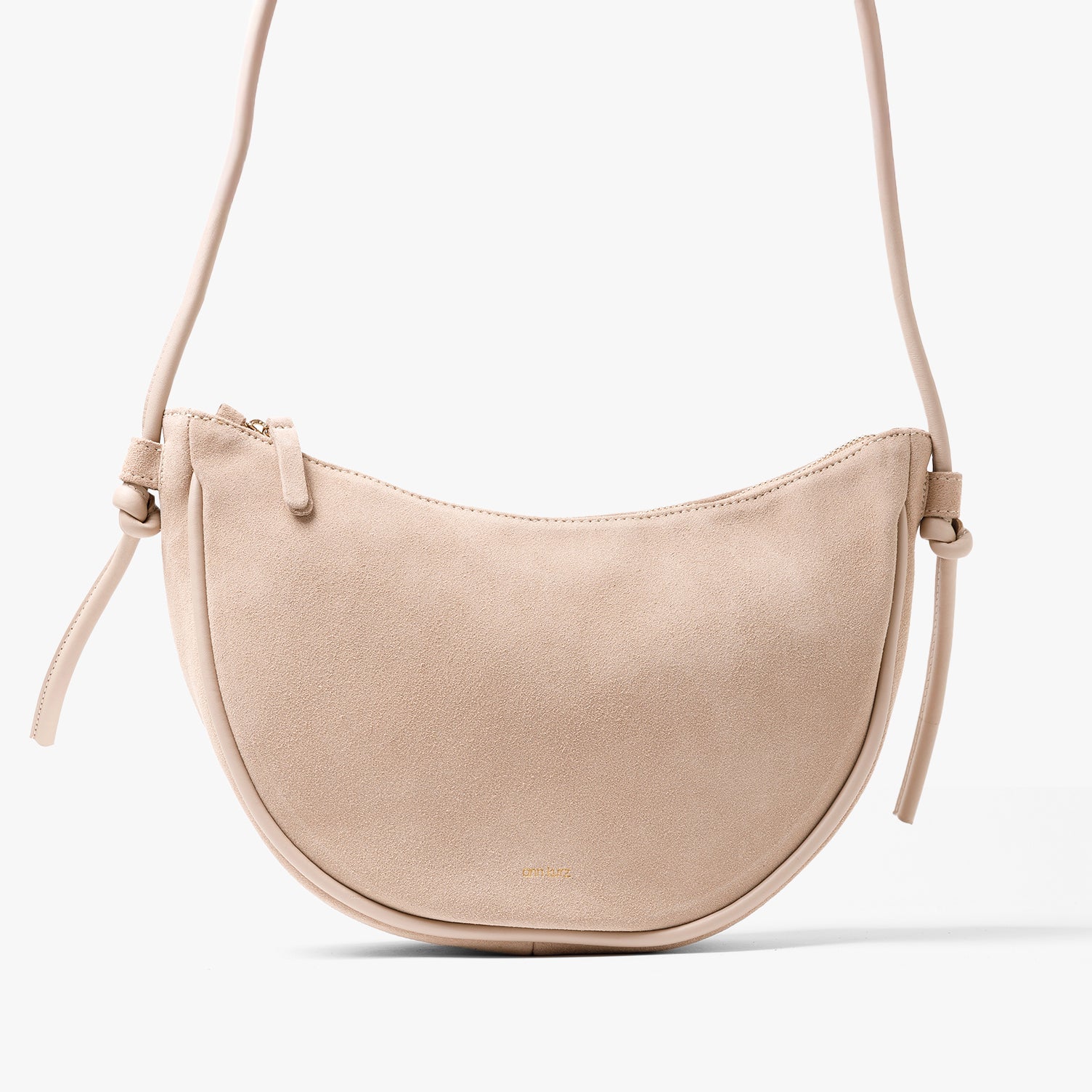 Half Moon Shoulder Bag with Knots - Suede Caramelo - ann kurz