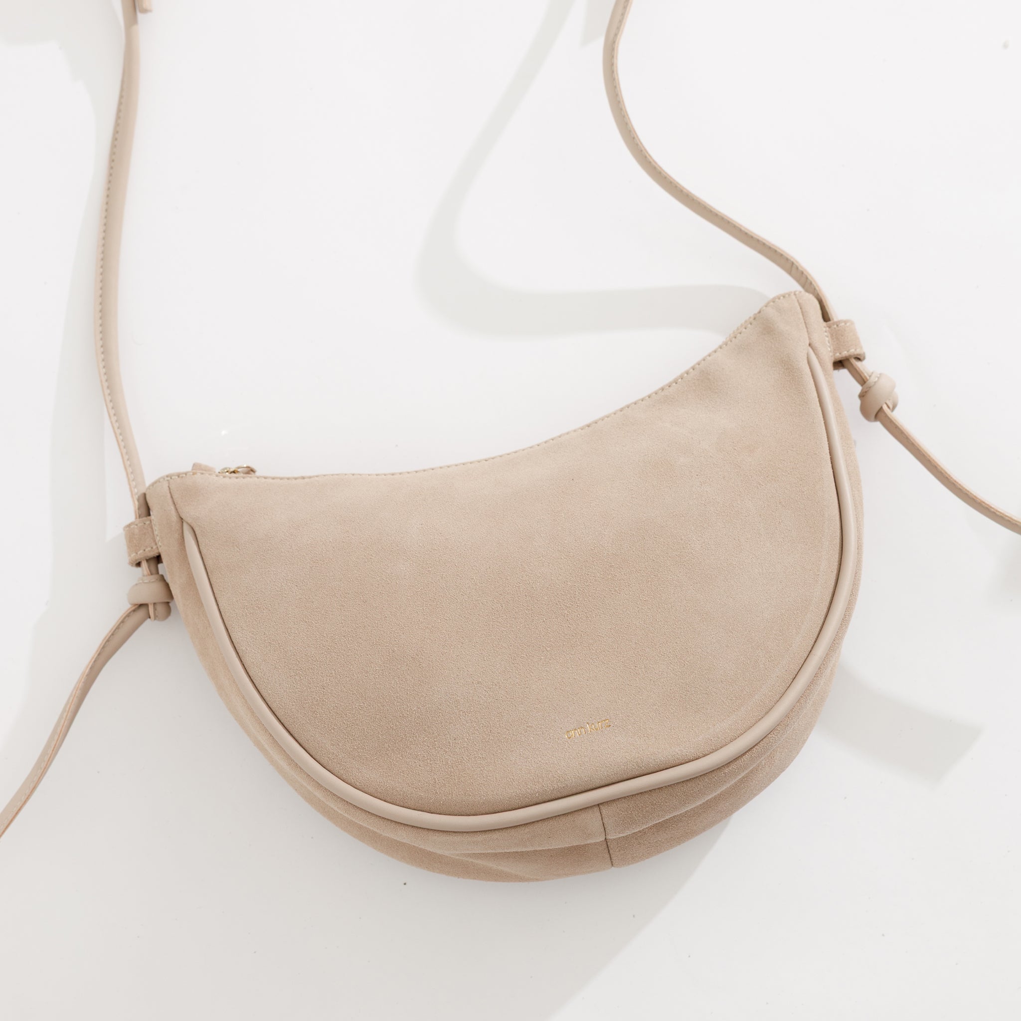 Half Moon Shoulder Bag with Knots - Suede Caramelo - ann kurz