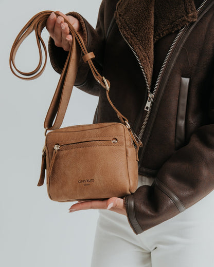 Mini Cubo Shape Crossbody Bag - Suede Brown - ann kurz