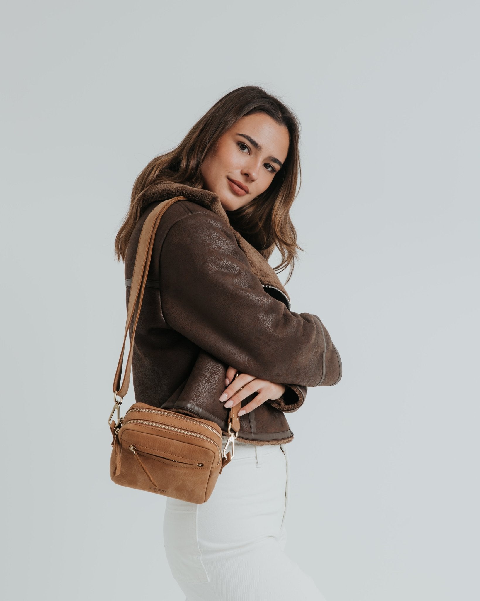 Mini Cubo Shape Crossbody Bag - Suede Brown - ann kurz