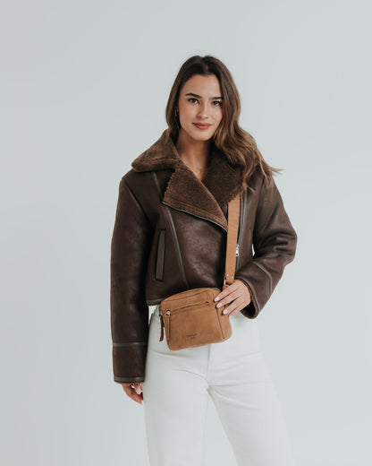 Mini Cubo Shape Crossbody Bag - Suede Brown - ann kurz