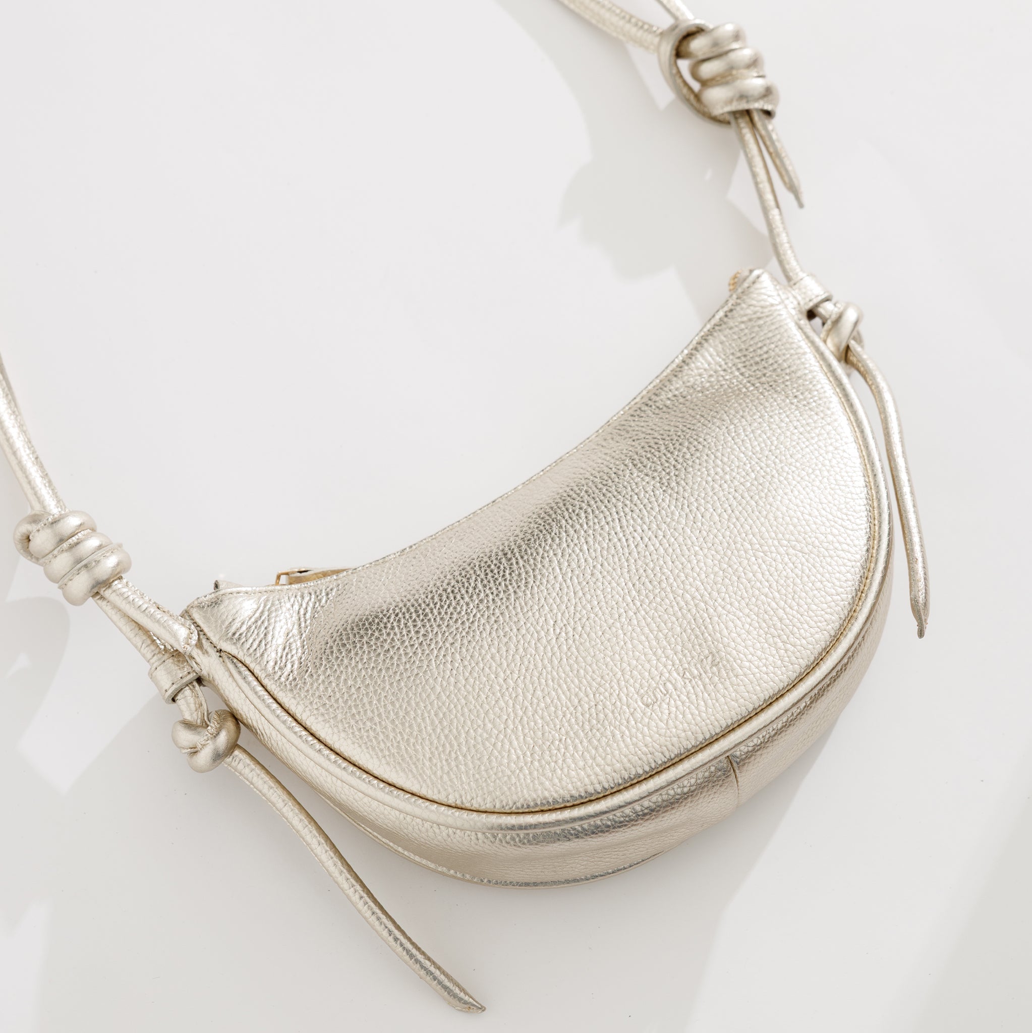 Mini Half Moon Shoulder Bag with Knots - Metallic Champagne - ann kurz