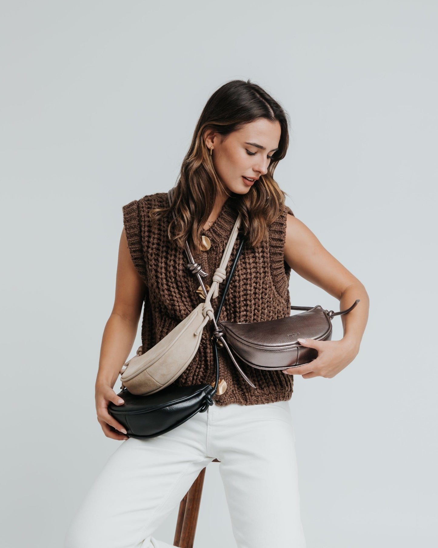 Mini Half Moon Shoulder Bag with Knots - Metallic Sweet Iron - ann kurz