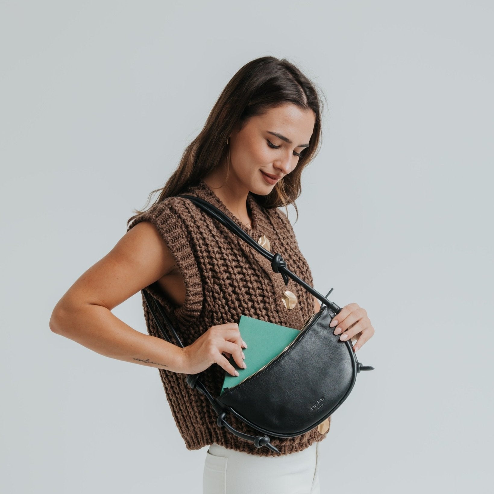 Mini Half Moon Shoulder Bag with Knots - Nappa Black - ann kurz
