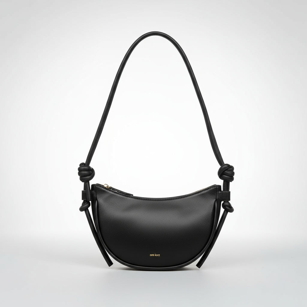 Mini Half Moon Shoulder Bag with Knots - Nappa Black - ann kurz