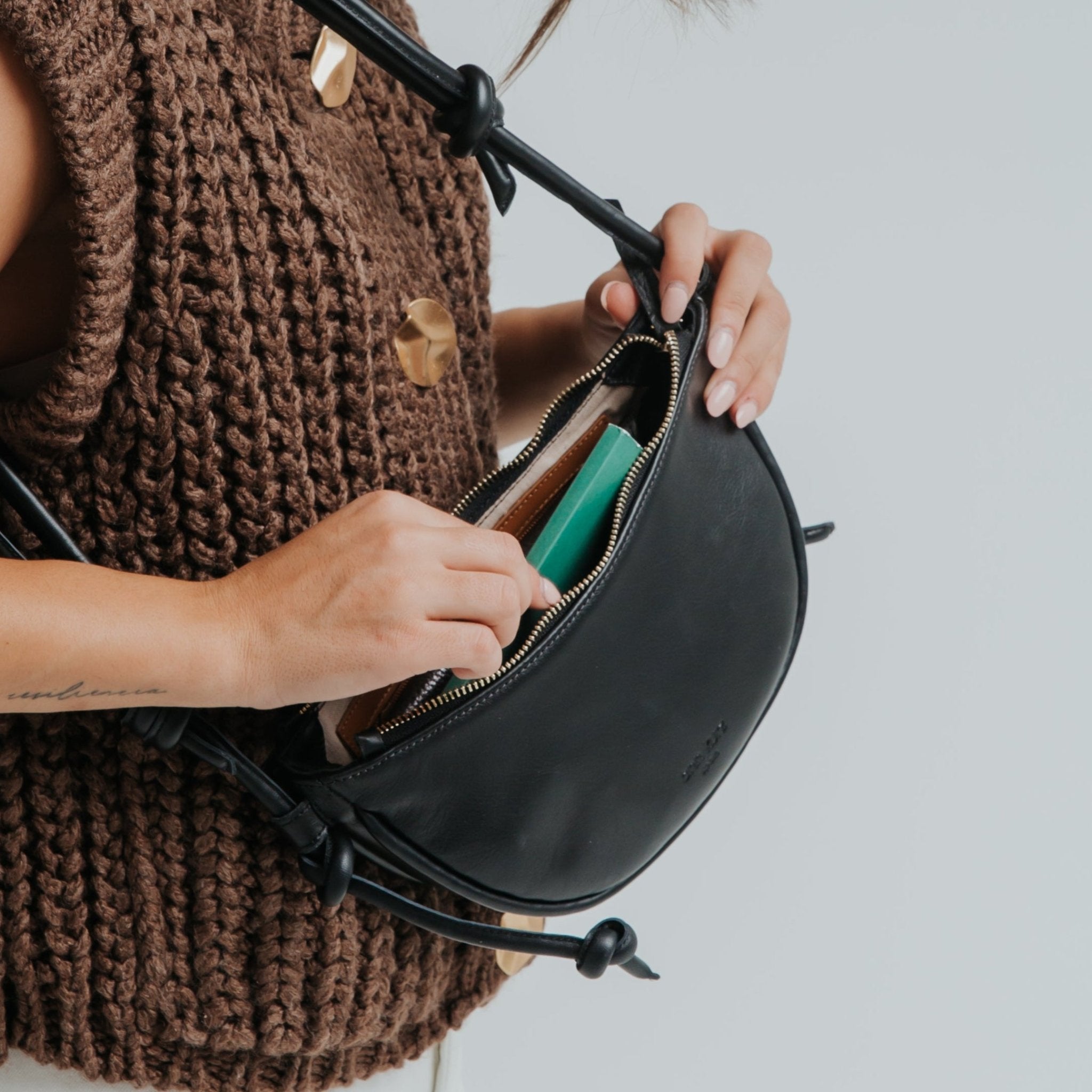 Mini Half Moon Shoulder Bag with Knots - Nappa Black - ann kurz