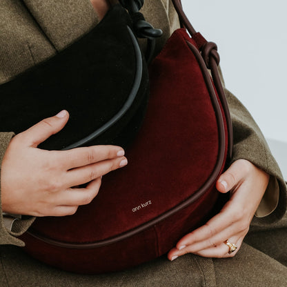 Mini Half Moon Shoulder Bag with Knots - Suede Burgundy - ann kurz