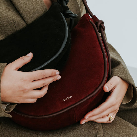 Mini Half Moon Shoulder Bag with Knots - Suede Burgundy - ann kurz