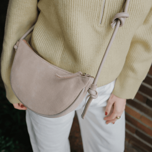 Mini Half Moon Shoulder Bag with Knots - Suede Caramelo - ann kurz