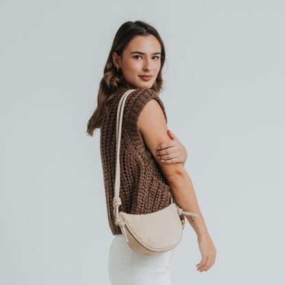 Mini Half Moon Shoulder Bag with Knots - Suede Caramelo - ann kurz