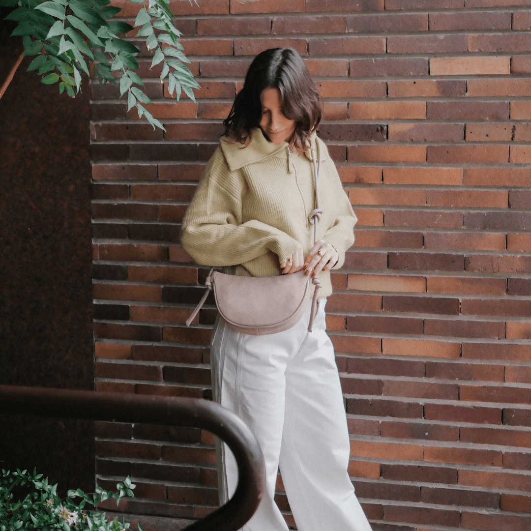 Mini Half Moon Shoulder Bag with Knots - Suede Caramelo - ann kurz