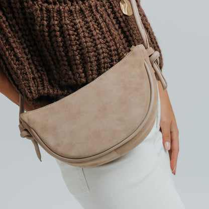 Mini Half Moon Shoulder Bag with Knots - Suede Caramelo - ann kurz