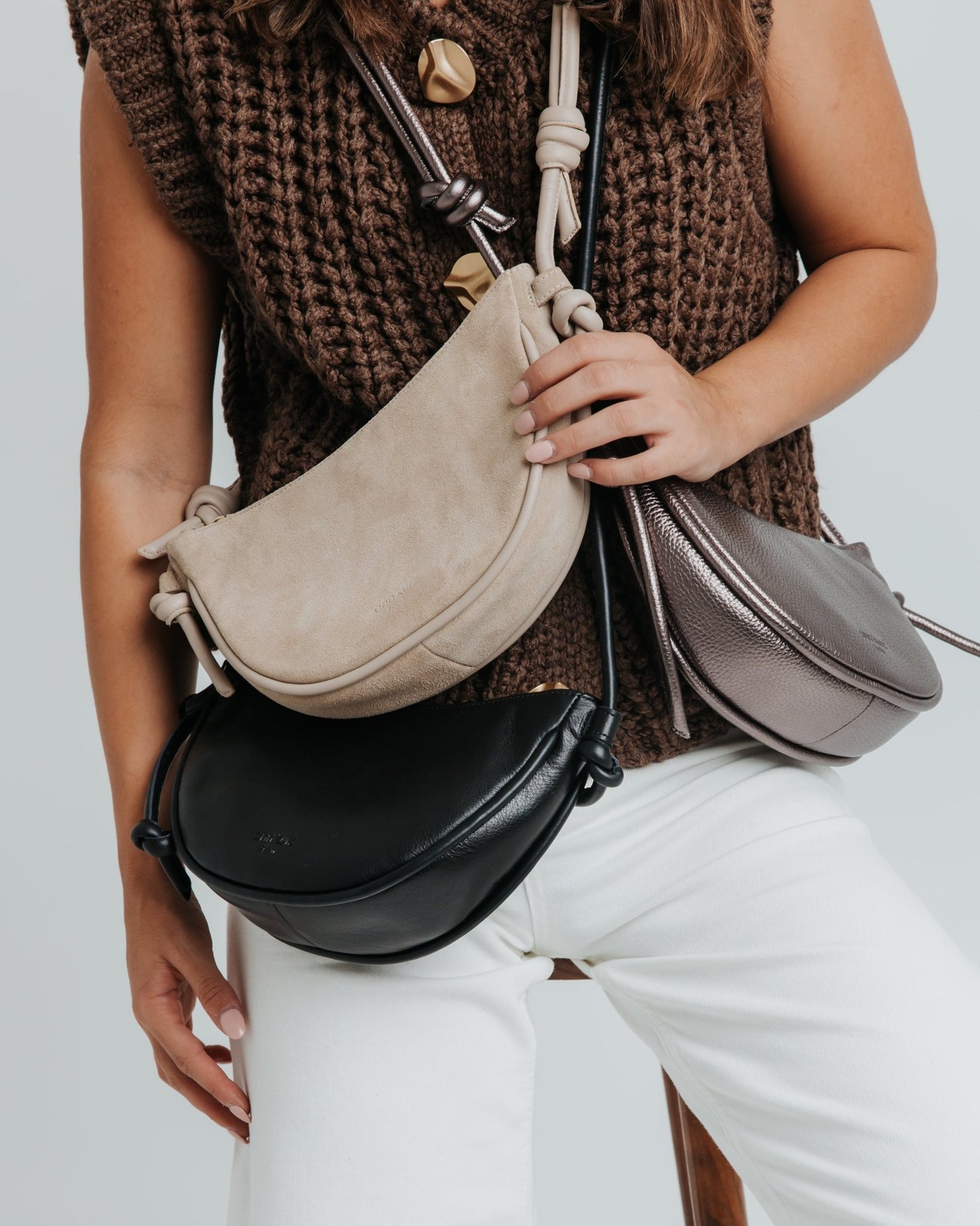 Mini Half Moon Shoulder Bag with Knots - Suede Corda - ann kurz