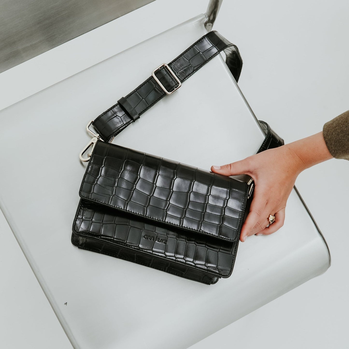 The Perfect Square Crossbody Bag - Croco Print Black - ann kurz