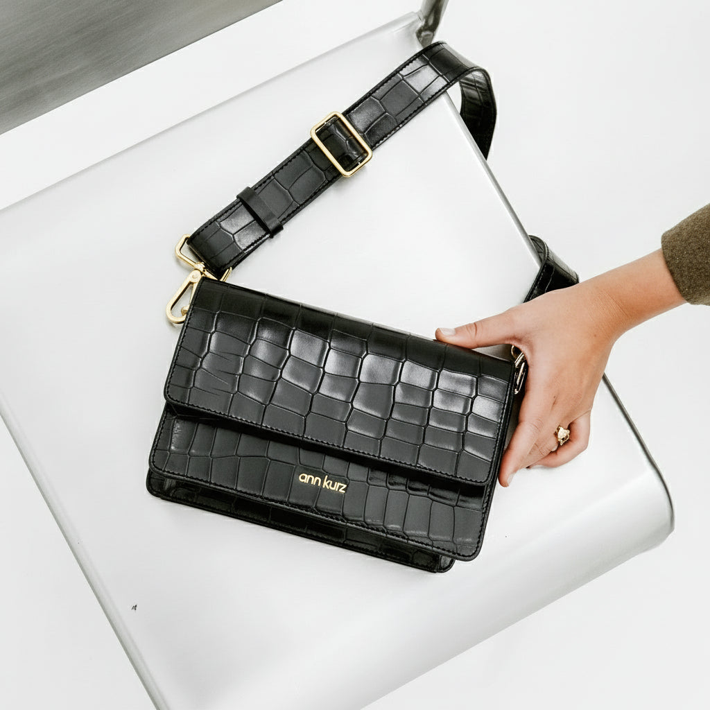 The Perfect Square Crossbody Bag - Croco Print Black - ann kurz