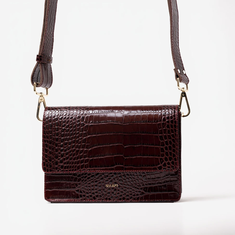 The Perfect Square Crossbody Bag - Croco Print Bordeaux - ann kurz