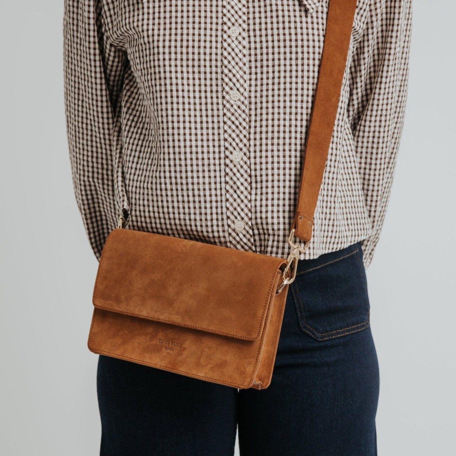 The Perfect Square Crossbody Bag - Suede Brown - ann kurz