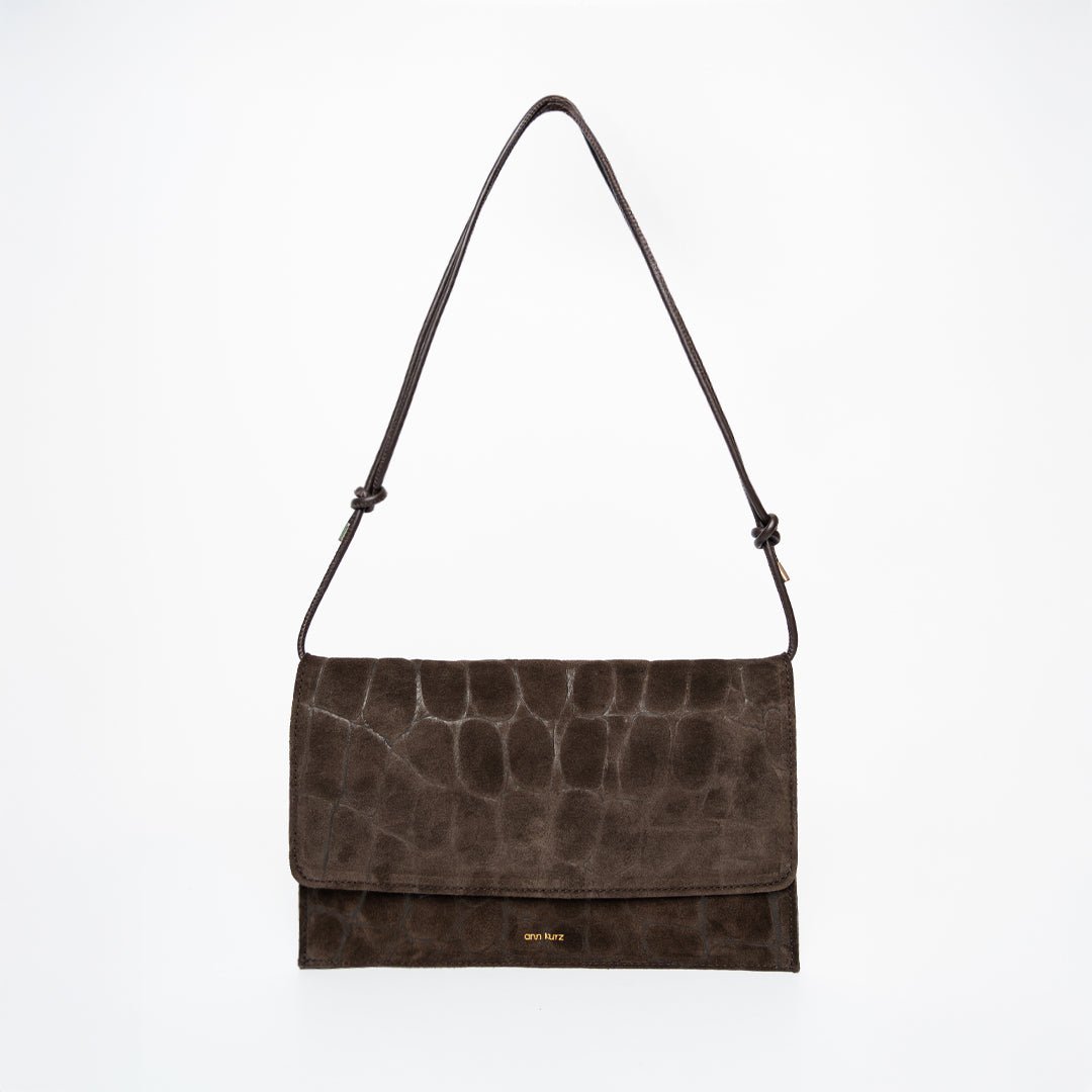 Thin Clutch - Suede Croco Print Mocha - ann kurz